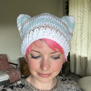 NWT Handmade Crochet White, Baby Blue, Cream Cat Ear Beanie